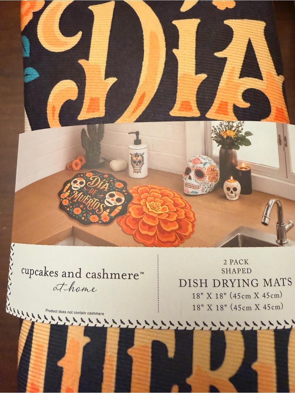 Día De los Muertos Halloween Dish Drying Mat Set Dishmat Gold Marigold Flower
